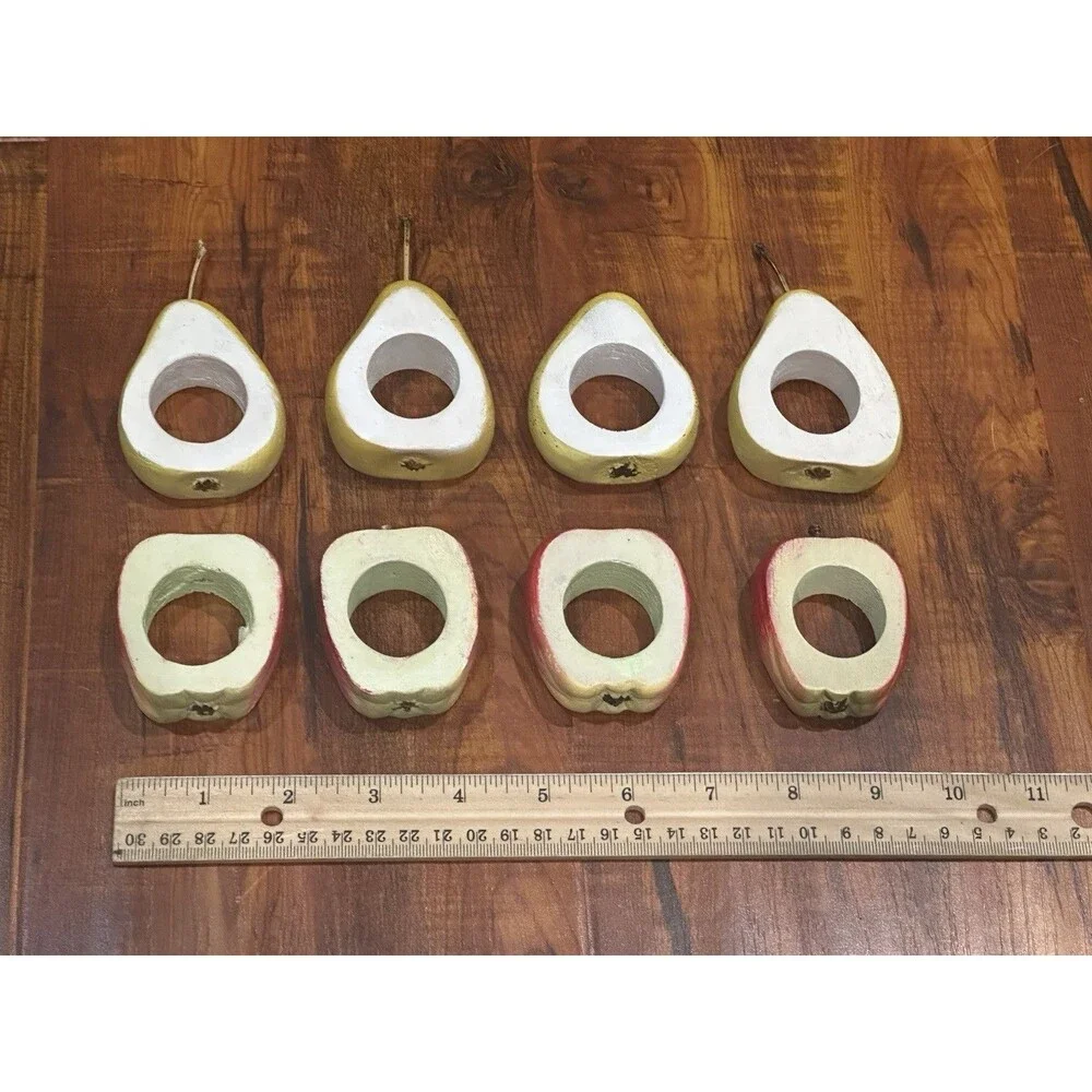 Set of (8) Vintage CRATE & BARREL Wooden Apples & Pears Napkin Rings